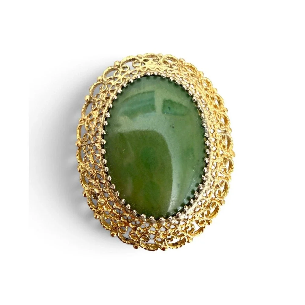 Vintage 1960s Karen Lynne Sterling Silver Gold Vermeil Green Jade Filigree Brooc